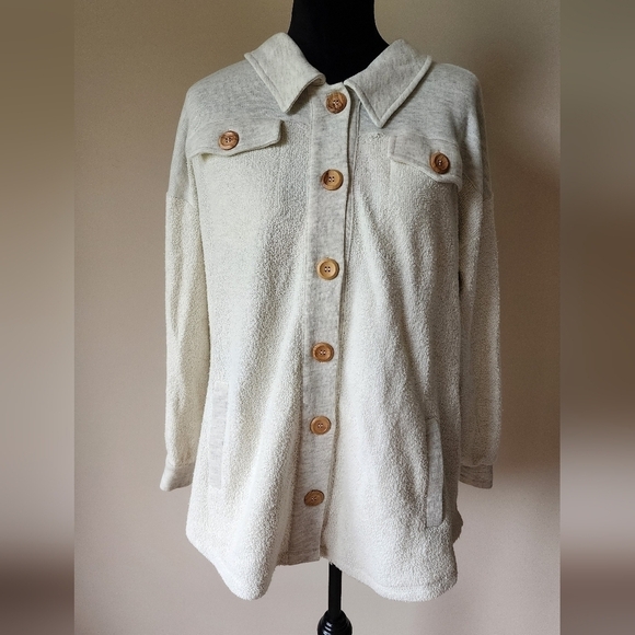 Soft Surroundings Button-Down Cream Terry Shirt Jacket Shacket Women's Size L. - Picture 1 of 7